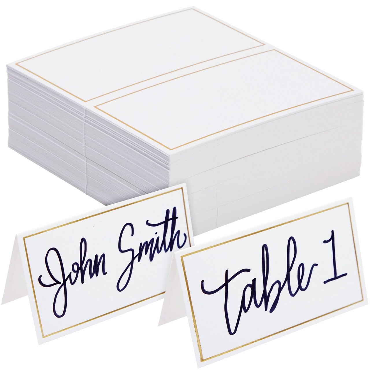100 Pack Name Cards for Table Setting - Tent Place Cards with Gold Foil Border for Wedding, Banquets, Events, Reserved Seating (3.5 x 2 In)